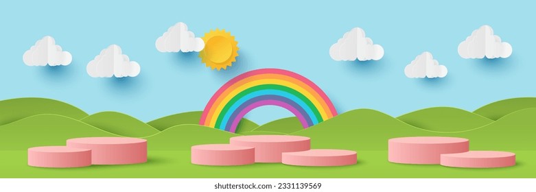 Podium platform to show product with rainbow on nature background. Nature landscape scene for product display presentation. Summer time background