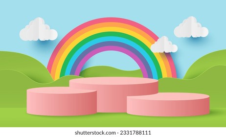 Podium platform to show product with rainbow on nature background. Nature landscape scene for product display presentation. Summer time background