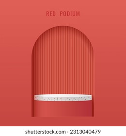 Plataforma de podio para mostrar producto con forma geométrica roja. Escena mínima roja para la presentación del producto