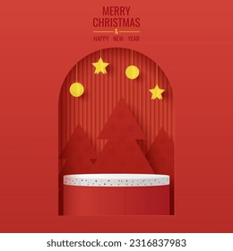 Plataforma de podio para mostrar producto con forma geométrica roja sobre fondo de árbol de navidad. Escena mínima de color rojo para la presentación del producto. Banner de navidad