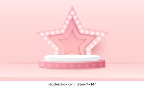 Podium platform to show product with star backdrop with light sign and spotlight on pink background. Vector illustration