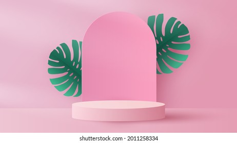 Podium Platform To Show Product With Tropical Leaves On Pink Background. Paper Cut And Craft Style Illustration. Summertime