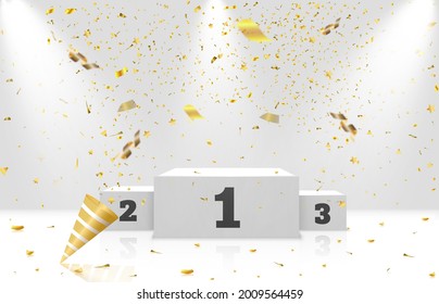 A podium, plinth or platform illuminated by spotlights in the background with falling gold candy. Vector illustration.