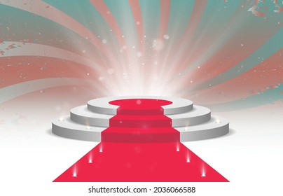 A podium, plinth or platform lit by spotlights in the background. Vector illustration. Bright light. Light from above. Place for advertising.