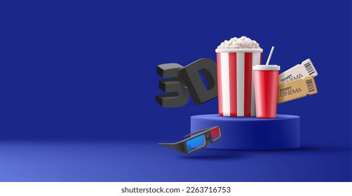 Podium with popcorn, 3d glasses, drink, tickets on a dark blue background. Modern image for cinema advertising concepts.