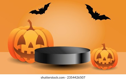 Podium for the presentation of goods on an orange studio background, the concept of Halloween sales, shopping, product advertising