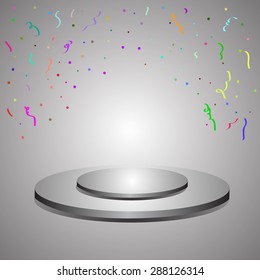 The podium for the presentation of the hit product, greeting confetti; vector Stock