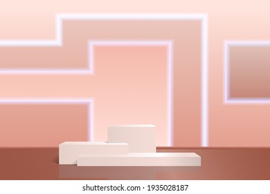 Podium product for advertising, presentation, exhibition. Vector minimalistic scene from 3 tiers, realistic style, abstract background with neon windows.