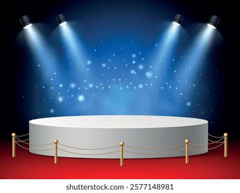 Podium for product demonstration under spotlights. Blank white platform, luxury red carpet floor, golden fence. Realistic background for marketing presentation. Award ceremony vector concept