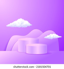 Podium product display with 3d cylinder stage with purple color and cloud