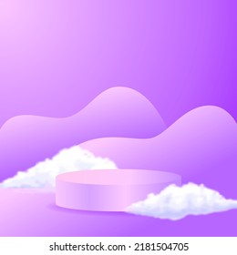 Podium product display with 3d cylinder stage with purple color and cloud