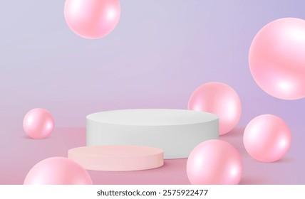 Podium product display with abstract bubble colors in the middle on solid color background, Vector in 3D illustrations.