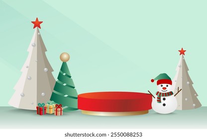 Podium product display for Christmas or New Year's with Christmas trees, snowmen, and gifts on a gray background