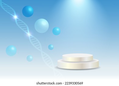 Podium product display with DNA 3D molecular chromosome gene. Studio background for biotechnology medical science, genetic chemistry.