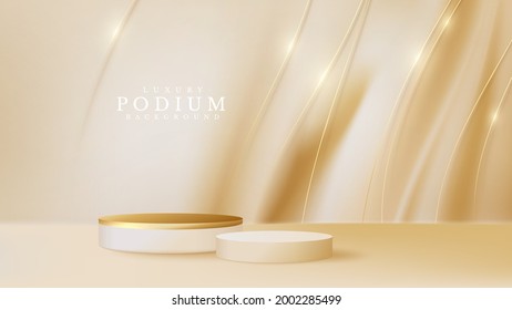Podium product display with golden curve line on luxury canvas background. empty space for place beauty or cosmetics product, 3d realistic vector illustration.