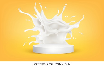 Exhibición del producto del podio de la fiesta del año Nuevo con salpicaduras de leche, maqueta arriba en el medio sobre fondo de color sólido, Vector en ilustraciones 3D.