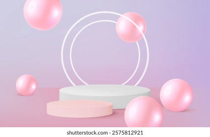 Podium product display, mock up and circle ring in the middle on solid color background, Vector in 3D illustrations.