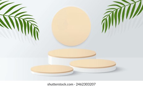 Podium for product display presentation. Podium platform to show product with green leaves on white background. Vector illustration