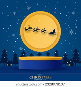 Podio para presentación de producto con forma de círculo redondeado. Plataforma de podio para mostrar producto con santa claus en el cielo con árbol de navidad en la noche. antecedentes de navidad
