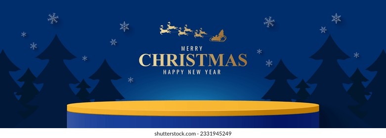 Podium for product display presentation with round circle shape. Podium platform to show product with santa claus on the sky with christmas tree in night time. christmas background