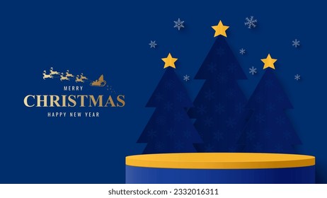 Podium for product display presentation with round circle shape. Podium platform to show product with santa claus on the sky with christmas tree in night time. christmas background