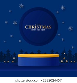 Podium for product display presentation with round circle shape. Podium platform to show product with santa claus on the sky with christmas tree in night time. christmas background