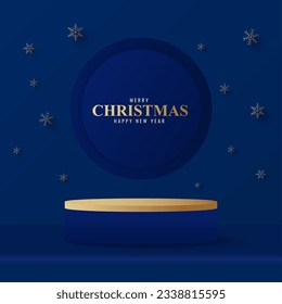 Podium für die Produktpräsentation mit Rundkreisform. Podium-Plattform, um Produkt mit Weihnachtsbaum in der Nacht zu zeigen. Weihnachtshintergrund