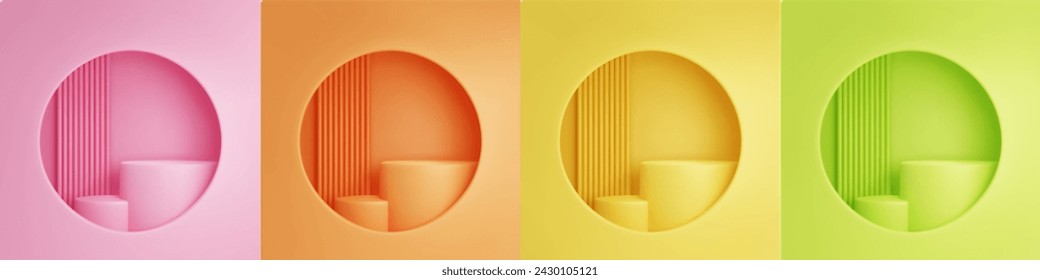 Podium for product display and promotion standing behind round window. Realistic vector 3d template with two step cylindrical platform outside hole in wall. Pastel minimal scene with showcase stand.