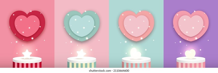 Podium for product display. Set of colorful pastel abstract 3d background red, pink, green, purple with hearts, stars elements. Valentine's day scene. Minimal. Vintage style. Vector illustration.