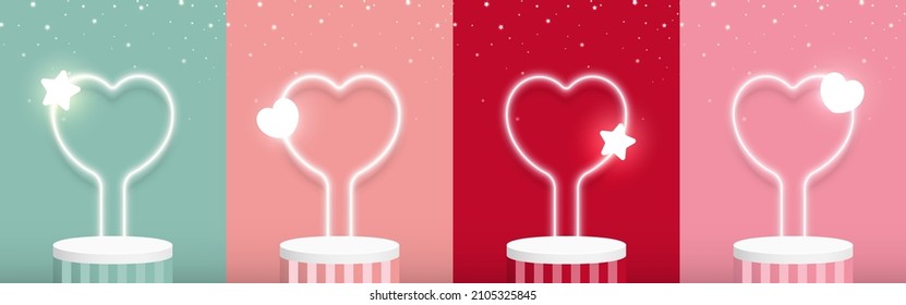 Podium for product display. Set of pastel abstract 3d background green, peach, red, pink with heart neon lighting. Minimal style. Valentine's day scene. Vintage. Vector illustration.