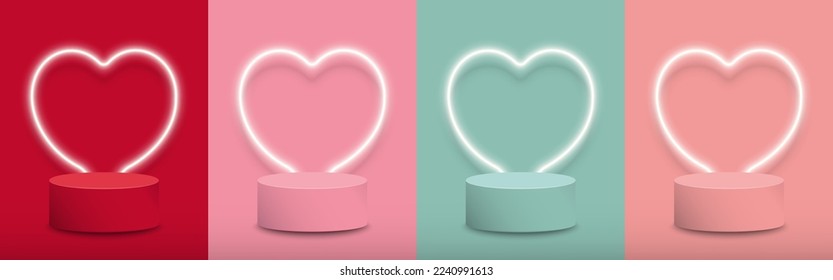 Podium for product display. Set of pastel 3d stage pedestal red, pink, green, and peach decorated with heart shape neon lighting. Minimal style. Valentine's Day background. Cute. Vector illustration.