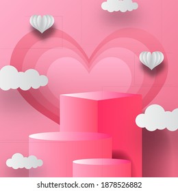 podium product display Valentine's day greeting card banner with cloud and heart shape. Paper cut style vector illustration with pink background.