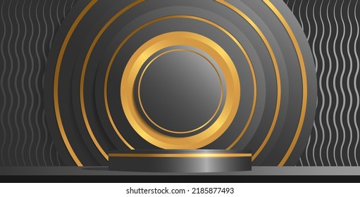 parodia de producto de podio con fondo abstracto sobre negro y oro