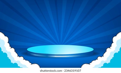 podium for product placement with bright background. cartoon comic art style design on Blue