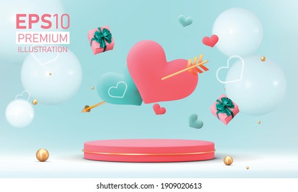 Podium for product placement in Valentines day with decorations Premium vector