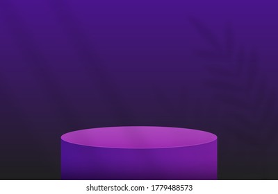 Podium For Product Presentation In Dark Violet Color With Shadow Sheet. Vector Flat Illustrations. Circular Realistic Exhibition Platform, Display Case. Violet Background Banner For Advertise Product.