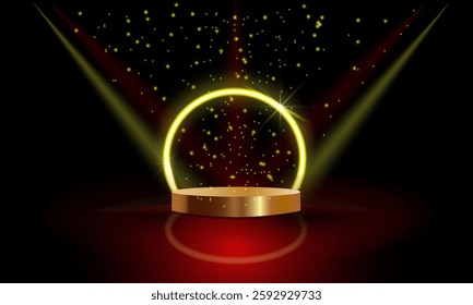 Podium for product presentation. Glowing neon golden circle with glitter on golden podium. Abstract frame of round electric light on red and black background. Vector illustration of geometric design