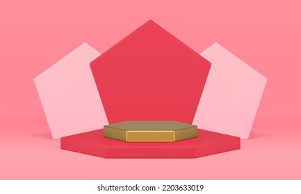 Podium for product presentation pentagonal wall hexagonal pedestal award arena 3d design realistic vector illustration. Premium geometric exhibition base foundation golden minimalist scene display