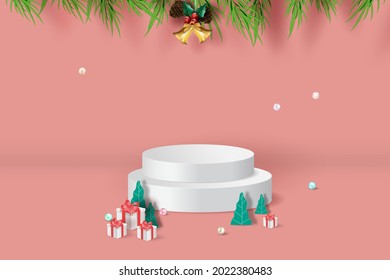 Podium product stand for Christmas for celebrate next year paper art. Mockup Christmas and New Year stage podium scene with blank space background. Xmas banner studio room. paper cut and craft style