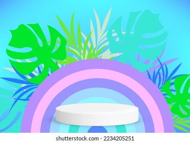 podium with rainbow ribbon and plant leaf botanist science theme background for advertisement banner brochure template website cover package design product presentation vector eps.