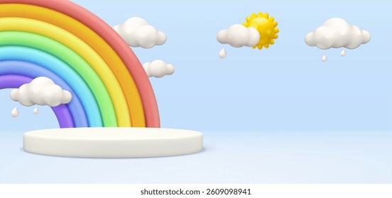 Podium with rainbow, sun and clouds vector 3d banner template. Cartoon toy pastel display, cute kid product presentation mockup. Blue backdrop in pastel colors