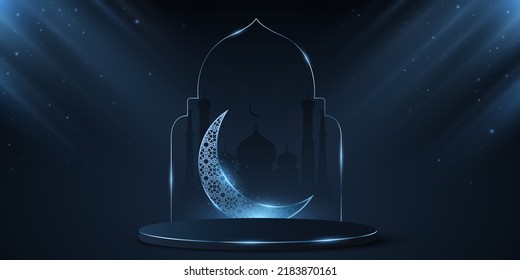 Podio para Ramadán con marco árabe en el fondo de la antigua mezquita. Luna azul brillante con adorno islámico. pedestal 3D para vacaciones musulmanas. Ilustración vectorial. EPS 10