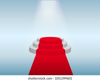 Podium with ray of light and red carpet. Vector illustration.