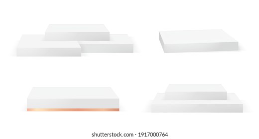 Podium realistic 3d render collection. Square empty stages and pedestals vector template. Illustration of stairs, stand stage, cube for award, nomination, cosmetic mockup
