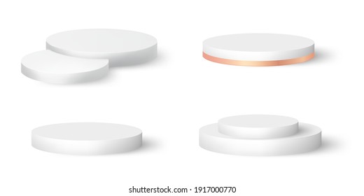 Podium realistic 3d render collection. Round empty stages and pedestals vector template. Illustration of stairs, stand stage, cylinder for award, nomination, cosmetic mockup