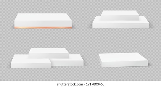 Podium realistic 3d render collection on transparent background. Square empty stages and pedestals vector template. Illustration of stairs, stand stage, cube for award, nomination, cosmetic mockup
