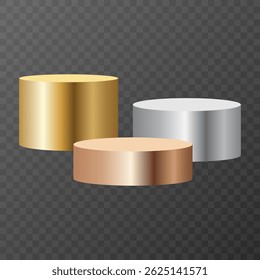 Podio realista. Podio vacío redondo geométrico.oro, plata y bronce.Ilustración vectorial