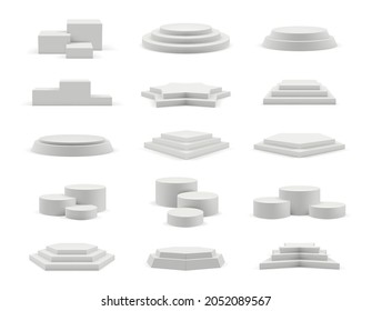 Podium realistic. Geometrical 3d round and square empty podium decent vector templates collection isolated