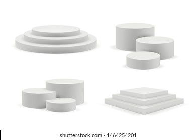 Podium realistic. Round and square empty stages and podium stairs vector 3d template. Illustration of pedestal and platform, stand stage, cylinder and square