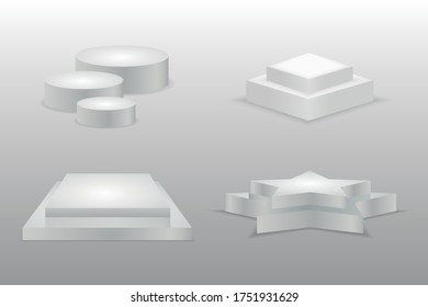 Podium realistisch. Runde und quadratische leere Stufen und Podiumtreppen. Leeres 3D-Mock-up-Stil Design minimalistischer Wettbewerb-Meister Podest